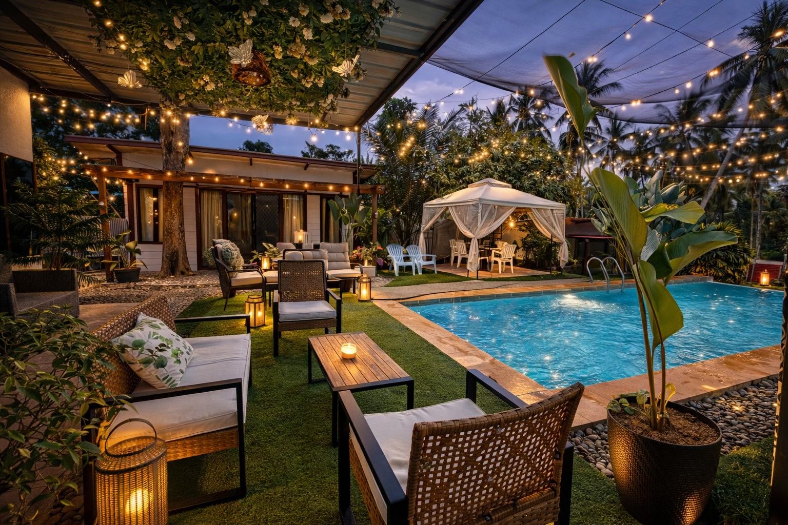 Villa D'Eliz pool deck at golden hour: lounge area with string lights, gazebo, and palm trees framing the infinity pool