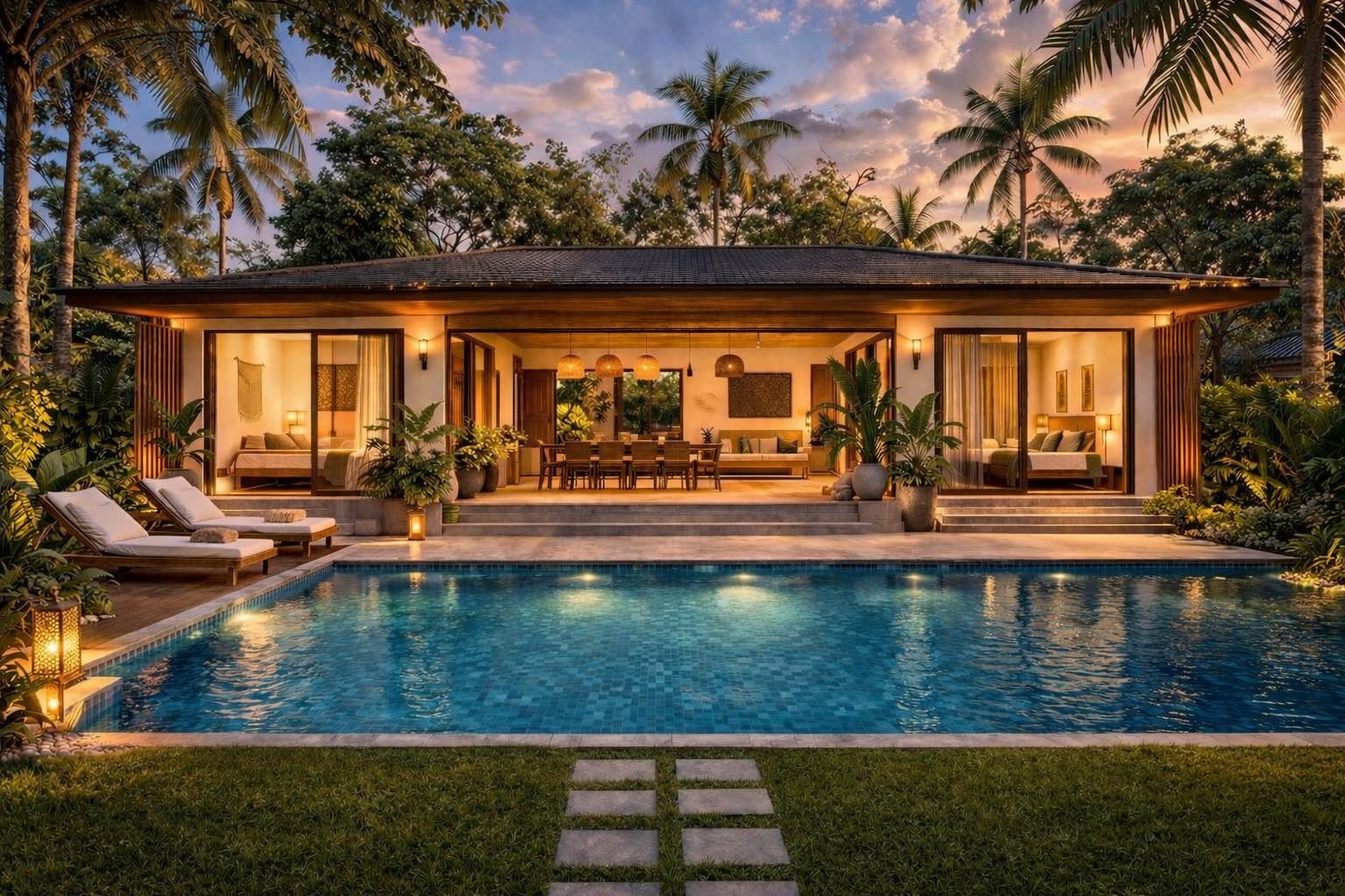 Bali Luntian Villa concept render: warm-lit tropical villa exterior with infinity pool, palms, and sunset sky - coming soon to Samal Island